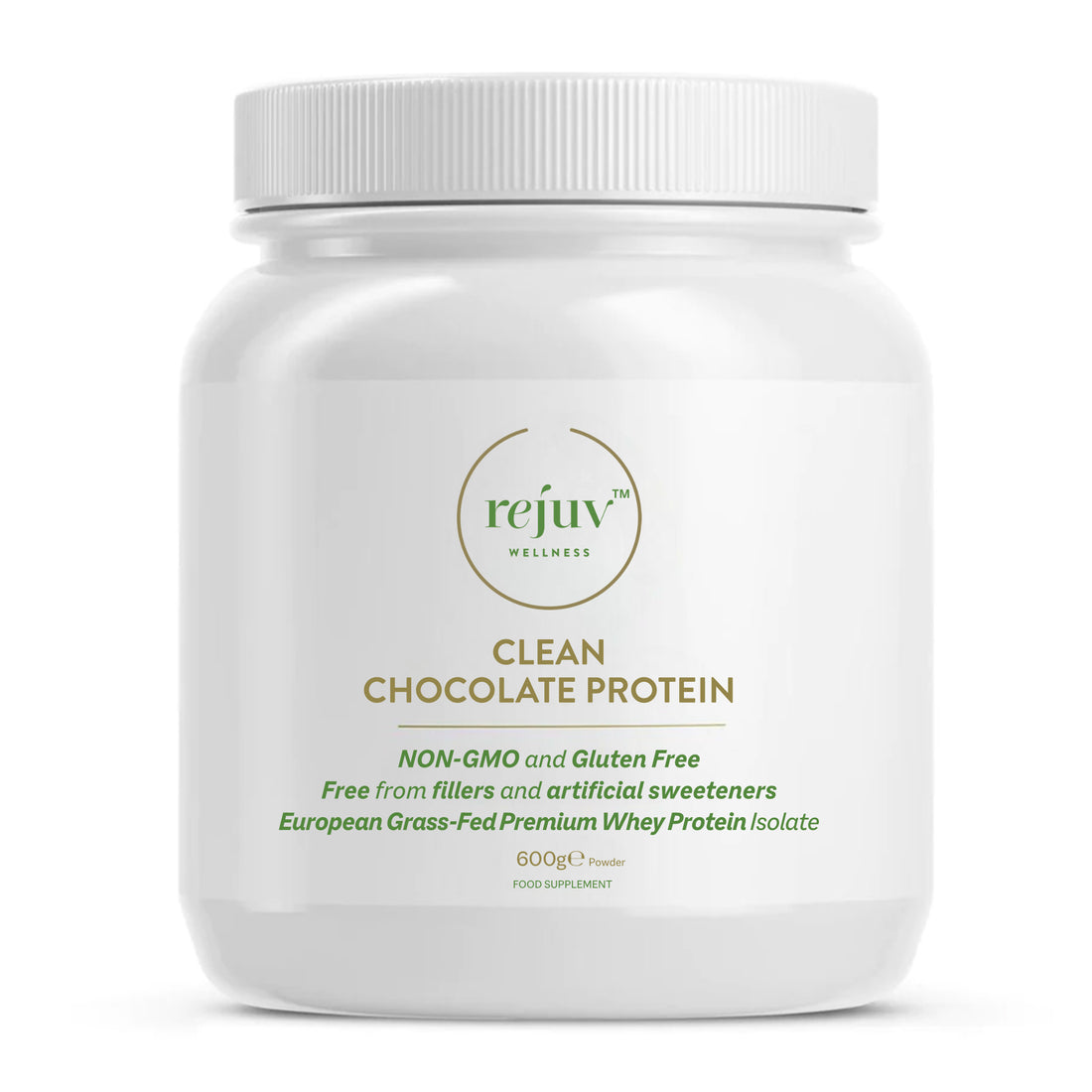 Rejuv Wellness Clean Chocolate Protein, 600g white tub of grass-fed whey protein powder