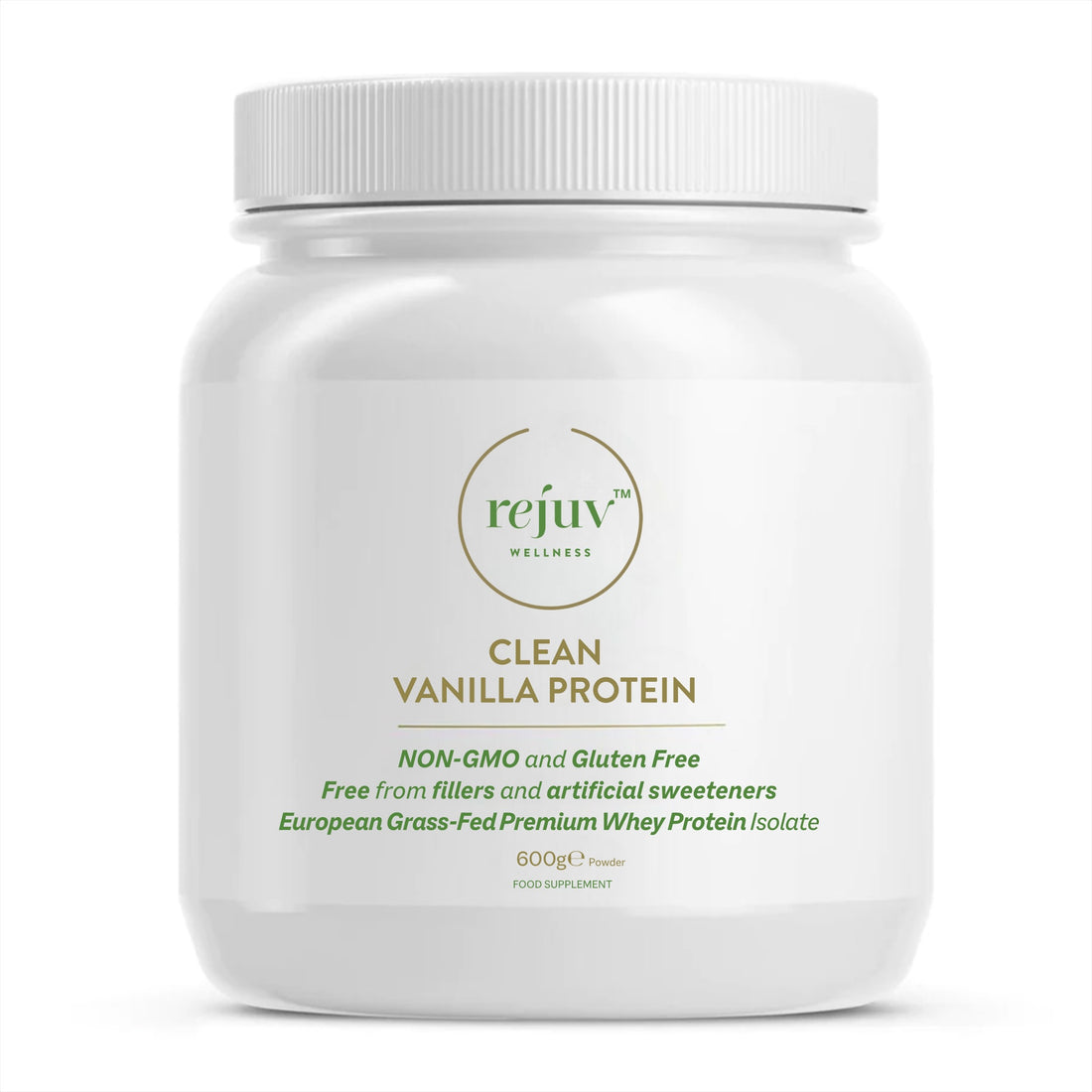 Rejuv Wellness Clean Vanilla Protein, 600g white tub of grass-fed whey protein powder