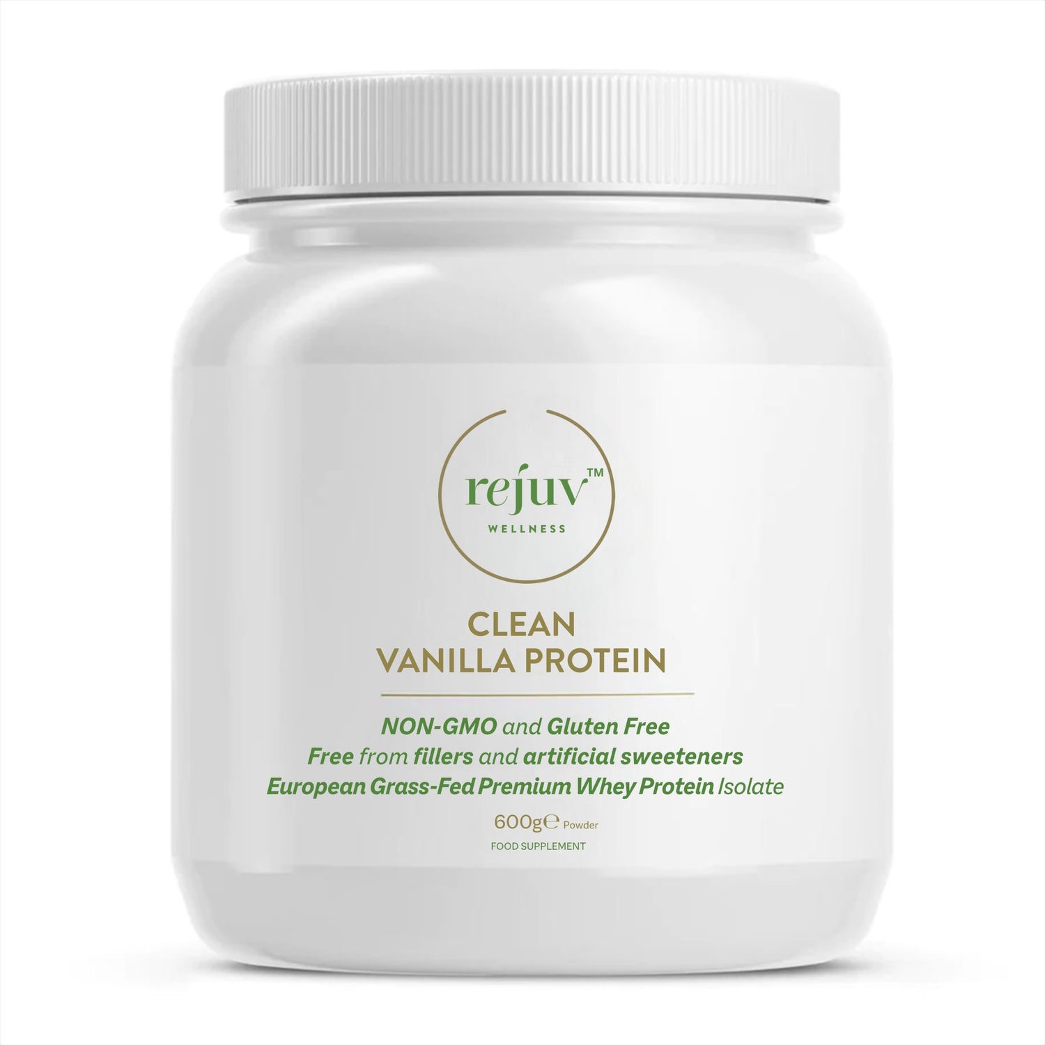 Rejuv Wellness Clean Vanilla Protein, 600g white tub of grass-fed whey protein powder