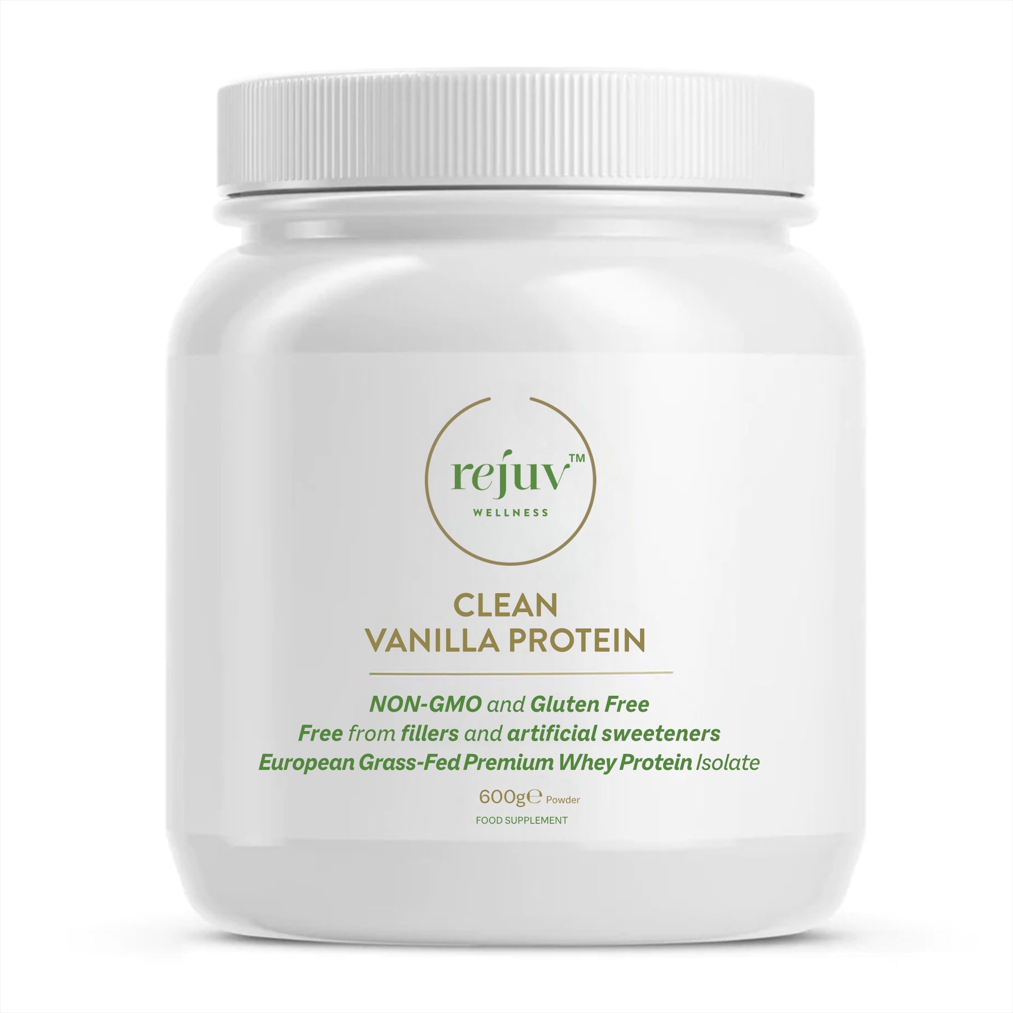 Rejuv Wellness Clean Vanilla Protein, 600g white tub of grass-fed whey protein powder