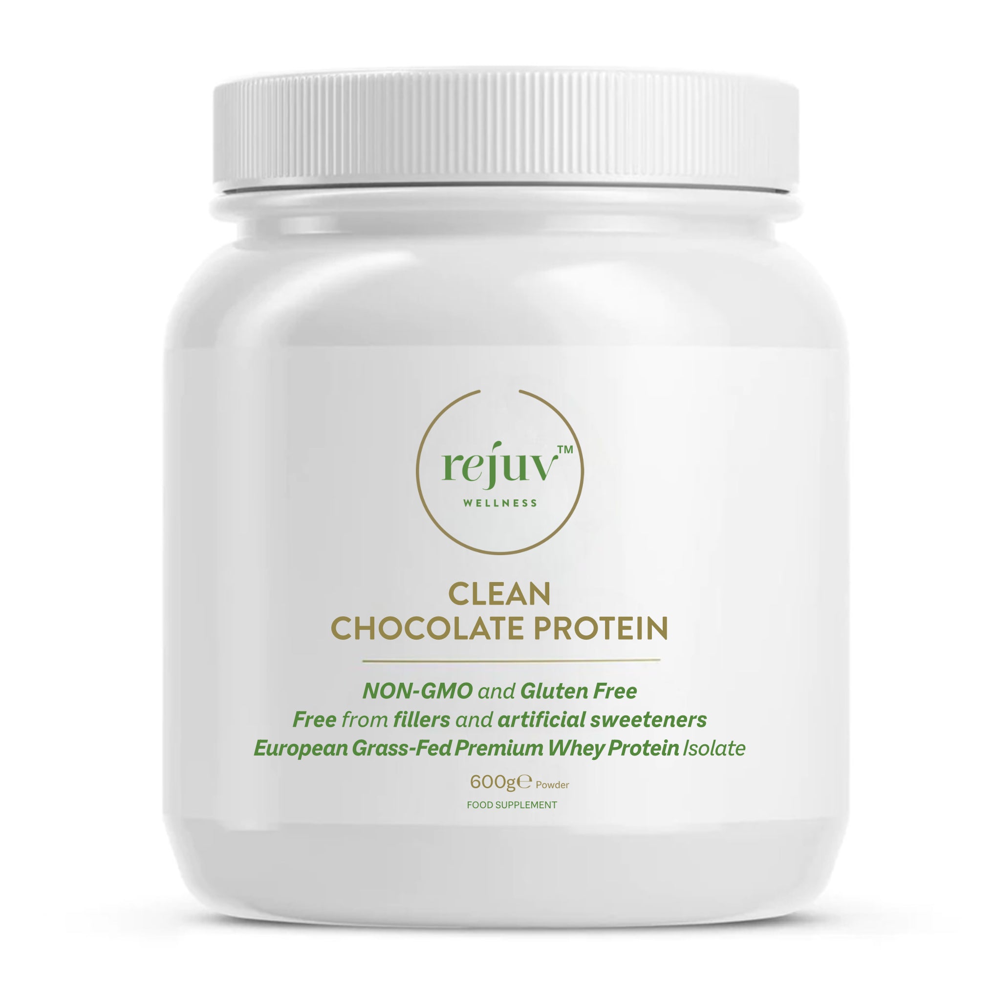 Rejuv Wellness Clean Chocolate Protein, 600g white tub of grass-fed whey protein powder